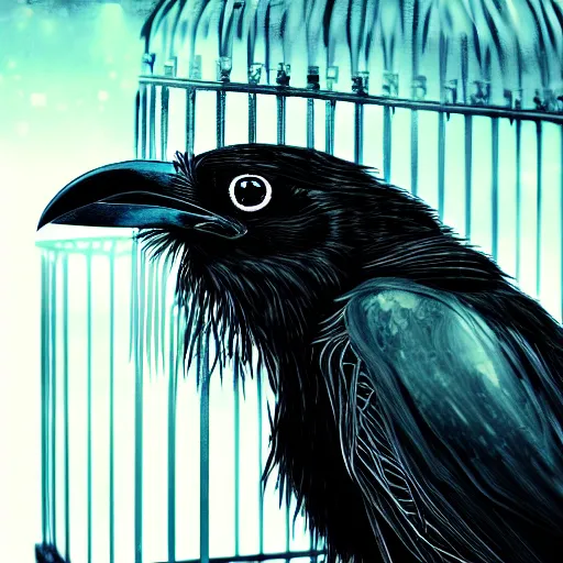 Image similar to a photo of black raven inside cage, city landscape, digital painting, insane details, hyper realistic, apocalyptic, artstation, sharp, focus, award winning, conceptual art, 4 k