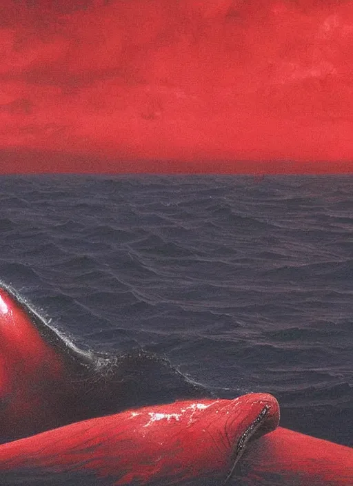 Prompt: a whale bleeding on a red ocean near to a ship, 3 d render, hiper detailed, dark art, horror art, digital art, realistic painting, high angle, volumetric light, part by beksinski, part by carl gustav carus with red blood brushstrokes by swanland raymond.
