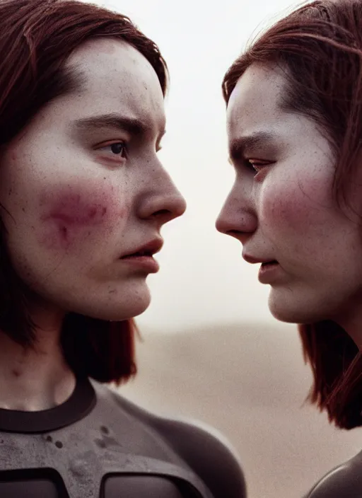 Image similar to cinestill 5 0 d photographic portrait of two loving female androids wearing rugged black techwear on a desolate plain with a red topographic sky in front of a brutalist structure, extreme closeup, cyberpunk style, dust storm, 8 k, hd, high resolution, 3 5 mm, f / 3 2, ultra realistic faces, ex machina