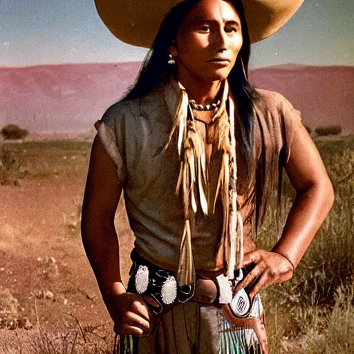 Prompt: young thin native American man wearing buckskin shirt, deadlands, weird west