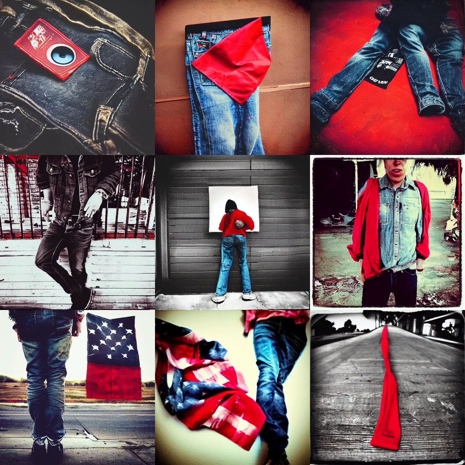 Prompt: “red bandana hanky hanging out of the back of black jeans, fisheye lens album artwork, vintage nostalgic photo”