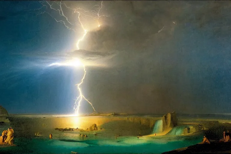 Image similar to doomsday, refracted lightnings on the ocean, thunderstorm, greek pool, beach and Tropical vegetation on the background major arcana sky and occult symbols, by paul delaroche, hyperrealistic 4k uhd, award-winning, very detailed paradise