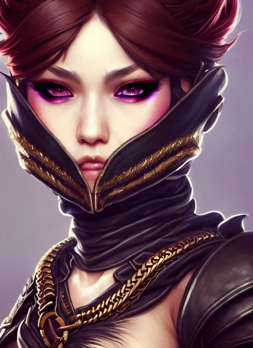 Image similar to rogue, fantasy ornate leather bandit outfit!!! close - up portrait beautiful and athletic short hair female!! gorgeous face and eyes!! character concept art, sharp focus, octane render! unreal engine 5! highly rendered!! trending on artstation!! detailed linework!! illustration by artgerm, wlop, and chie yoshii