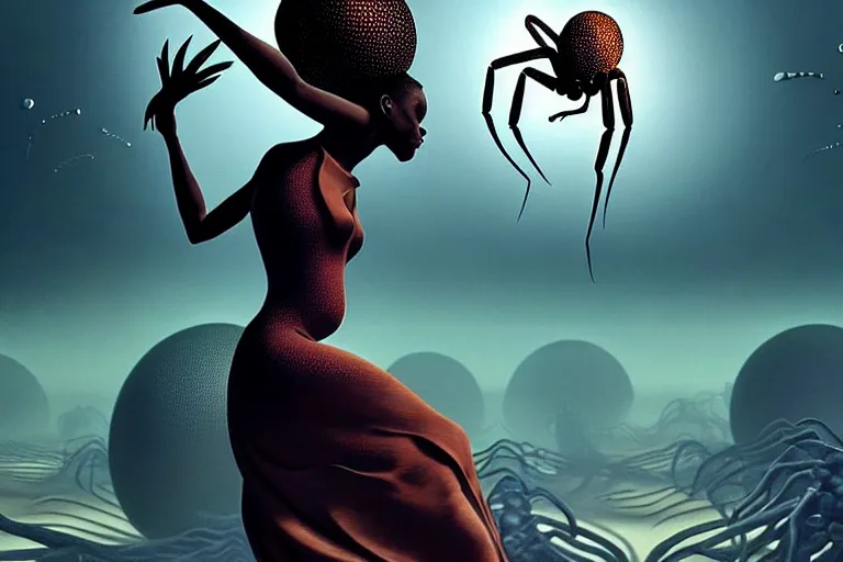 Prompt: realistic detailed portrait movie shot of a beautiful black woman dancing with a giant spider, futuristic sci fi landscape background by denis villeneuve, jean deville, yves tanguy, ernst haeckel, alphonse mucha, max ernst, caravaggio, roger dean, sci fi necklace, fashion, masterpiece, rich moody colours