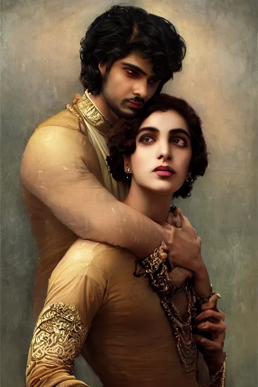 Image similar to a portrait of handsome young male indo-persian Satan and his elegant beautiful indo-persian wife, bored, illustration, dramatic lighting, soft details, painting oil on canvas, art nouveau, octane render, HDR, 4k, 8k, HD, by Edmund Blair Leighton, Brom, Charlie Bowater, trending on artstation, faces by Tom Bagshaw, Sargent