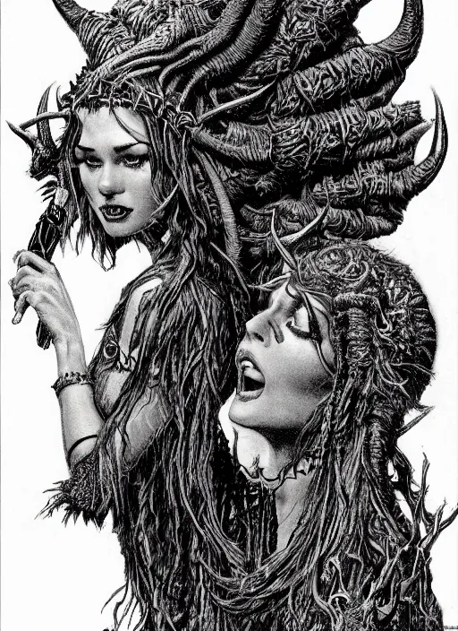 Prompt: portrait of a druid who has pouty lips and horns growing out of her head, D&D, fantasy pen and ink by virgil finlay, trending on artstation, HD, intricate, masterpiece, concept art, character design