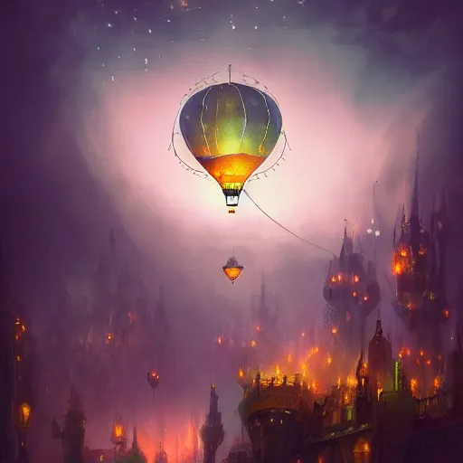 Image similar to a beautiful stunning fantasy whimsical matte digital illustration of a hot - air balloon powered by magic over a lit city at night by marc simonetti, pastel color palette, disney magic the gathering steampunk, chiaroscuro magical bokeh moon stars dramatic romantic, trending on artstation hq, masterpiece