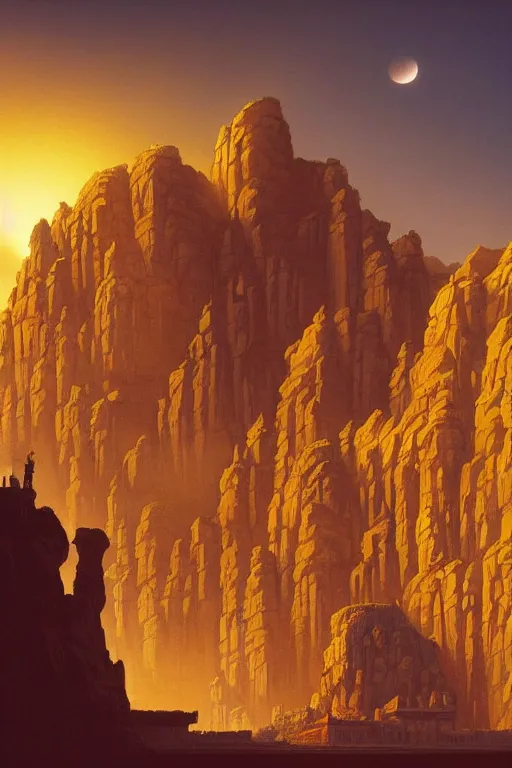 Image similar to ancient temple carved into canyon walls, monks standing around golden statue glowing yellow, light streaks in the sky, eclipse, dramatic lighting, artstation, matte painting, ralph mcquarrie, simon stalenhag