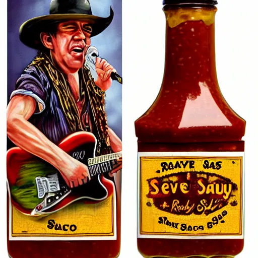 Image similar to a bottle of sweet baby ray's bbq sauce with the face of stevie ray vaughan on the bottle, realistic, hyperrealistic, ultra realistic, real, real world, highly detailed, very detailed, extremely detailed, intricate details, 8 k resolution, hd quality