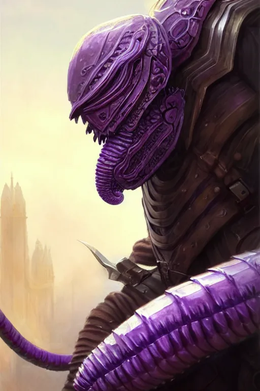 Image similar to male fighter wearing a full plate armor, a giant purple worm is visible in the back, fantasy, amber eyes, face, long hair, intricate, elegant, highly detailed, digital painting, artstation, concept art, smooth, sharp focus, illustration, art by artgerm and greg rutkowski and alphonse mucha