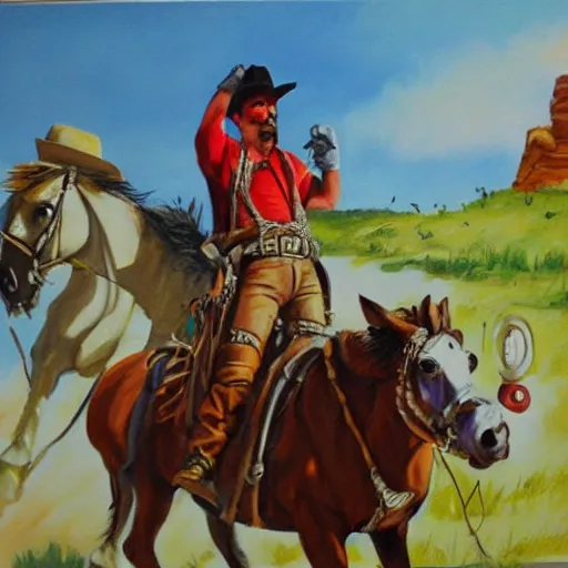 Image similar to mario dressed as a cowboy fighting outlaws in the wild west oil painted