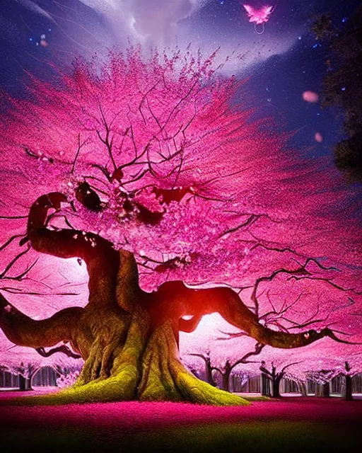 Prompt: highly detailed, stunning image of a heavenly miniuature diorama pink giants cherry blossom trees, stunning tree, ethereal, fairy lights, fireflies lightning glowing everywhere, divine bonsai, matte painting by Jordan Grimmer and Bosch