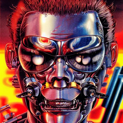 Image similar to portrait closeup of crazy terminator, symmetrical, cinematic colors, by yoichi hatakenaka, masamune shirow, josan gonzales and dan mumford, ayami kojima, takato yamamoto, barclay shaw, karol bak, yukito kishiro