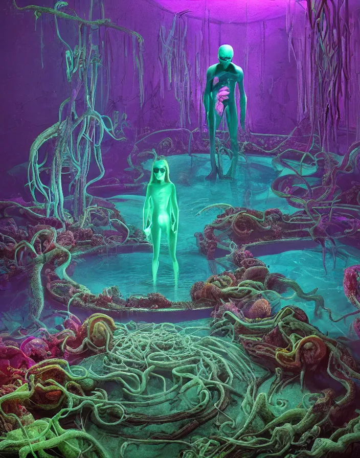 Prompt: photograph of a eerie alien standing in a florescent swimming pool room, tentacles and fungus growing out of pool, swampy atmosphere, ambient lighting, vibrant colors, highly detailed, by Jared Pike, high