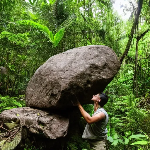 Prompt: An explorer in the jungle finding a giant rock head from a lost civilization