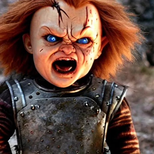 Image similar to chucky doll screaming while fighting the mountain in game of thrones