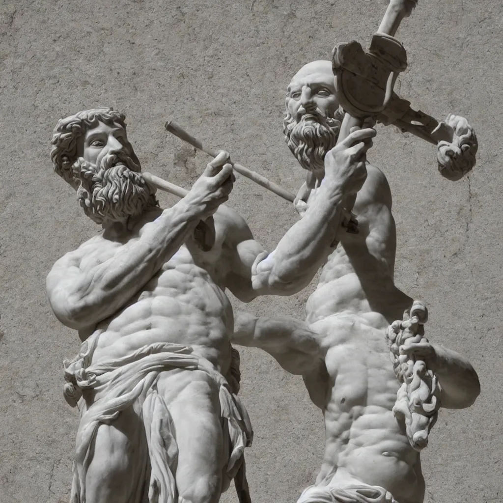 Prompt: epic greek marble statue of a bald man with a long beard playing a marble guitar, photo, chiaroscuro