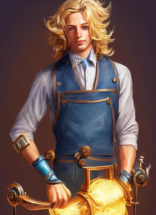 Prompt: a highly detailed illustration of long wavy bright blonde haired effeminate boy wearing blue blacksmith apron and iron mechanical arms, blue eyes, dramatic smiling pose, intricate, elegant, highly detailed, centered, digital painting, artstation, concept art, smooth, sharp focus, league of legends concept art, wlop