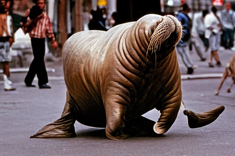 Image similar to closeup potrait of a walrus chasing people in a new york street, natural light, sharp, detailed face, magazine, press, photo, Steve McCurry, David Lazar, Canon, Nikon, focus