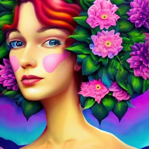Prompt: The girl with flowers as a head, surreal landscaping in the background, portrait by Lisa Frank, concept art, 4k, trending on ArtStation