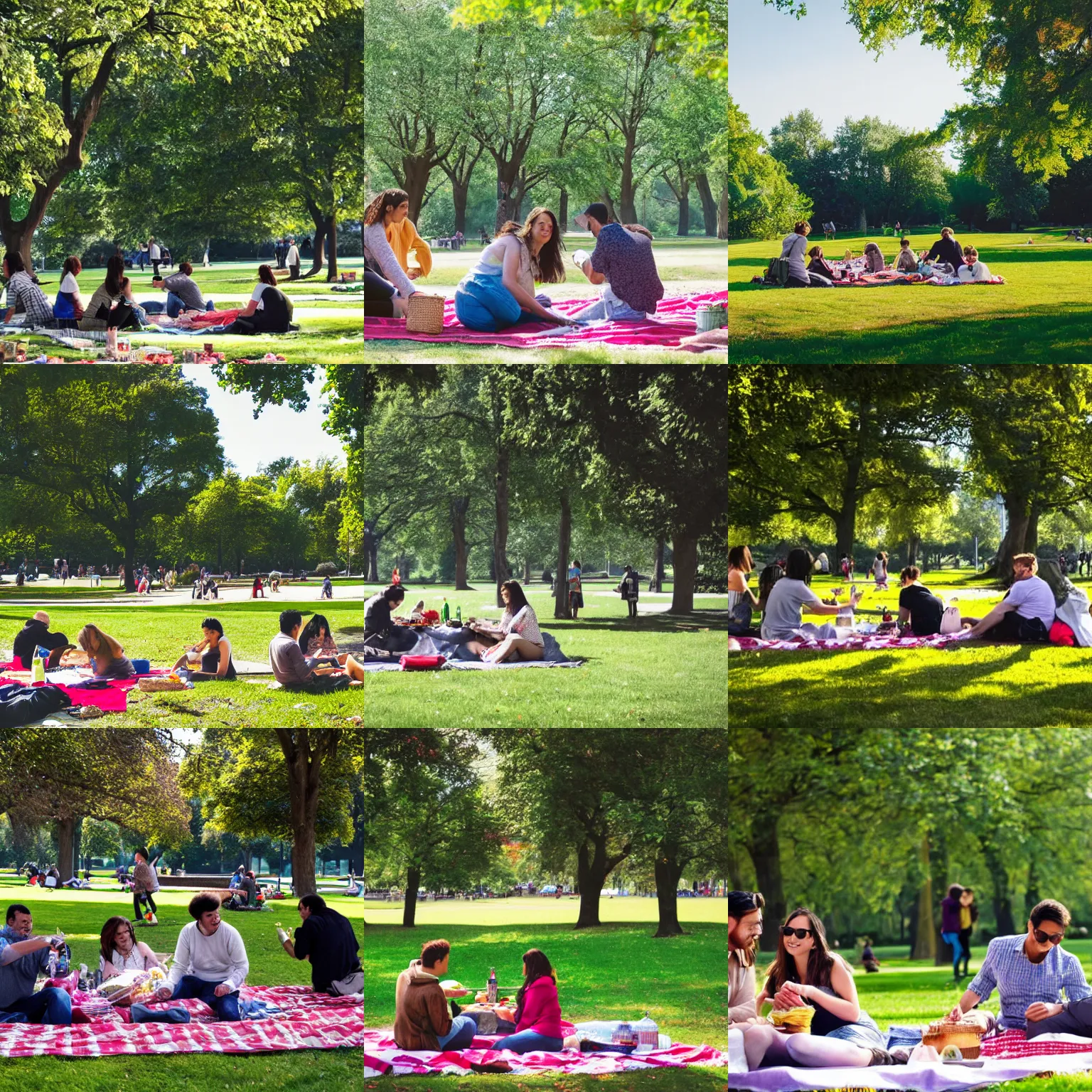 Prompt: people having a picnick in a city park on a clear day, in symbolism style