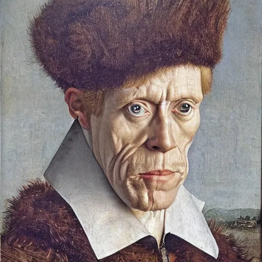 Image similar to portrait of willem dafoe, oil painting by jan van eyck, northern renaissance art, oil on canvas, wet - on - wet technique, realistic, expressive emotions, intricate textures, illusionistic detail