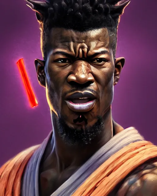 Prompt: face portrait of jimmy butler as a muscular ronin samurai, wearing a haori, by wlop and peter mohrbacher, dramatic action pose, extremely detailed shading, concept art, digital painting, trending on artstation, unreal engine 5, octane render, atmosphere, glow, cinematic lighting, full of color