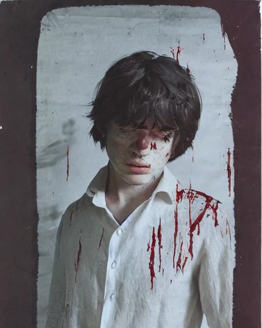 Prompt: a beautiful but sinister young man in layers of fear, with haunted eyes, wearing a linen shirt, 1 9 7 0 s, seventies, floral wallpaper, wilted flowers, a little blood, morning light showing injuries, delicate ex embellishments, painterly, offset printing technique