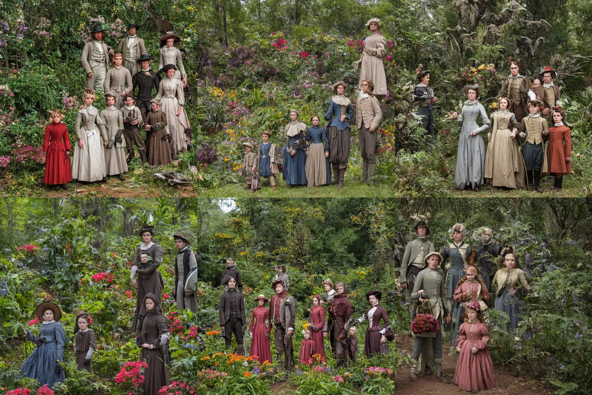 Prompt: sharp, detailed, 36864k film, 175000mm film still from a sci fi blockbuster color movie made in 2019, set in 1860, of a family standing in a park, next to some strange alien plants and flowers, on an alien planet, the family are all wearing 1860s era clothes, good lighting, 280mm f/1.4L lens