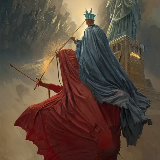 Prompt: An elderly orthodox patriarch as a Lady Liberty riding the red dragon of china, highly detailed, digital painting, artstation, concept art, smooth, sharp focus, illustration, art by artgerm and greg rutkowski and alphonse mucha