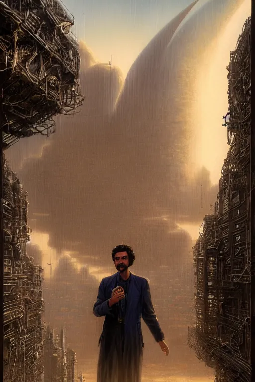 Prompt: a curly - haired persian guy begging to get into a futuristic building by david a hardy, noriyoshi ohrai, gary ruddell, ( greg rutkowski ), salvador dali, moebius, makoto shinkai, highly detailed, cinematic composition, trending on artstation