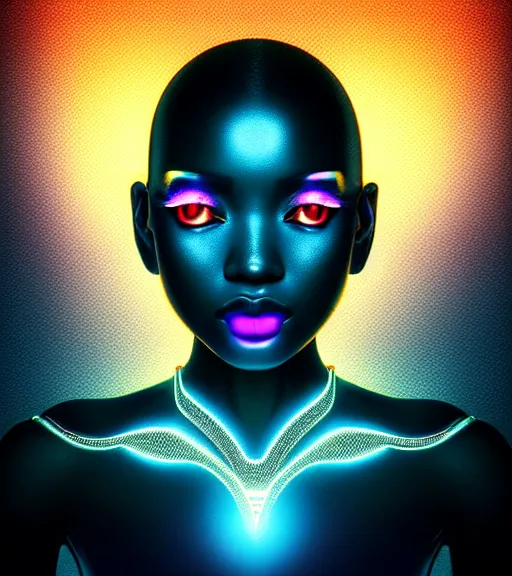 Image similar to symmetry!! asian princess of technology, solid cube of light, hard edges, product render retro - futuristic poster scifi, lasers and neon circuits, beautiful dark skin african princess, intricate, elegant, highly detailed, digital painting, artstation, concept art, smooth, sharp focus, illustration, dreamlike, art by artgerm