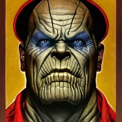 Image similar to frontal portrait of a scary thanos. a portrait by norman rockwell.