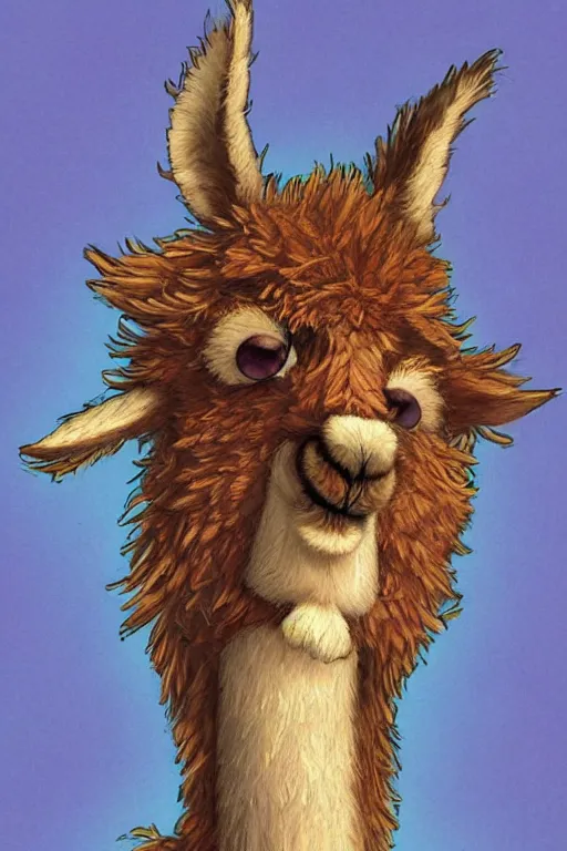 Prompt: A cutest adorable furry llama portrait made of dreams and hopes, smiling, cartoony, 4k hd storybook illustration by Brian Froud, Geoff Darrow, Moebius, Beeple, detailed illustration, #oc, Artstation, CGsociety, behance