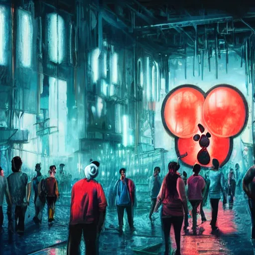 Image similar to a group of people around a giant giant mickey mouse wounded head with blood, netflix logo, cyberpunk art by david lachapelle, cgsociety, dystopian art by industrial light and magic, dark concept art, neons, interior