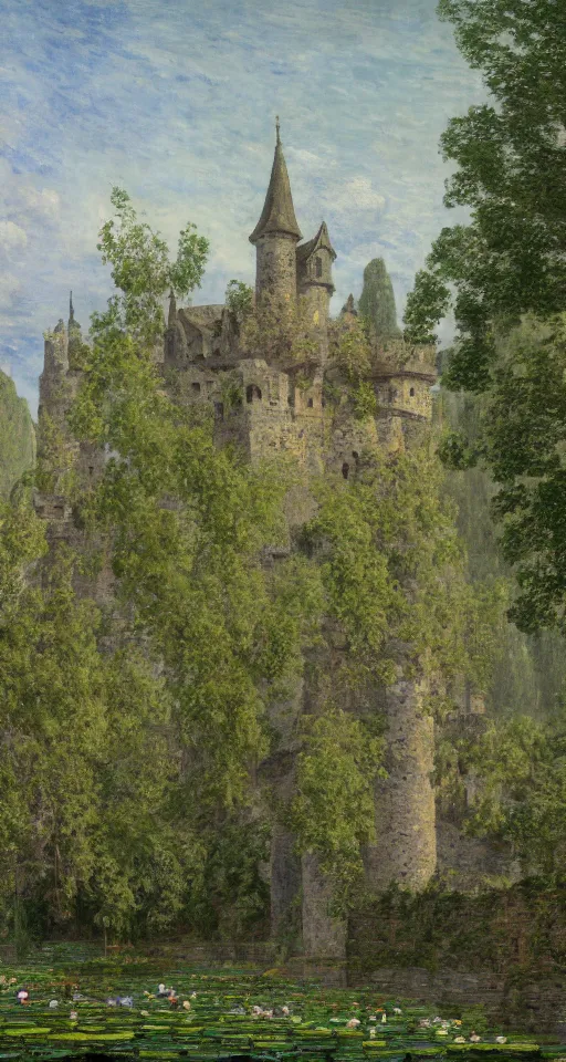 Prompt: wide - shot of high medieval castle in the middle of plateau!!!, crawling grape vines!!! on the stone wall, pond with water lilies!!!, linden trees, highly detailed, ominous, digital art, masterpiece, matte painting, sharp focus, matte painting, by isaac levitan, monet, asher brown durand,