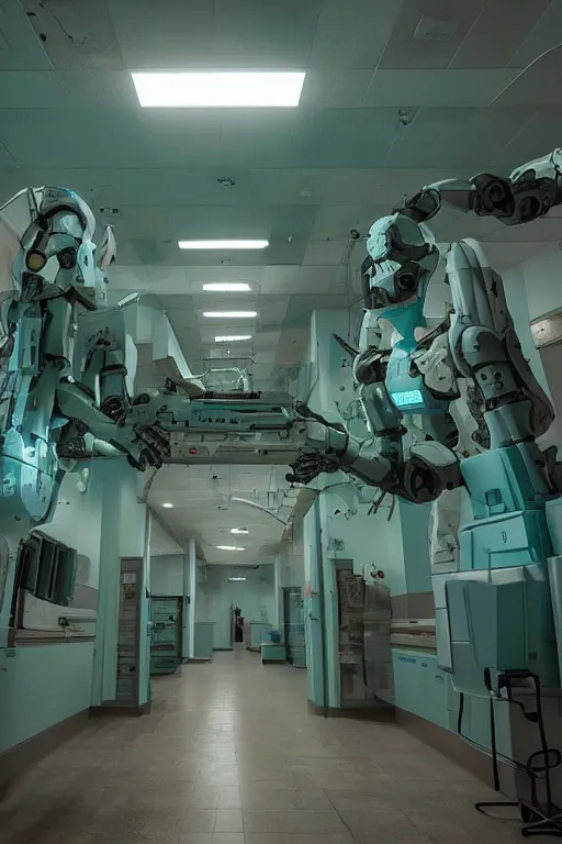 Image similar to interior of frightening and old robotic medical facility, mecha, teal, highly detailed, low light, horror theme