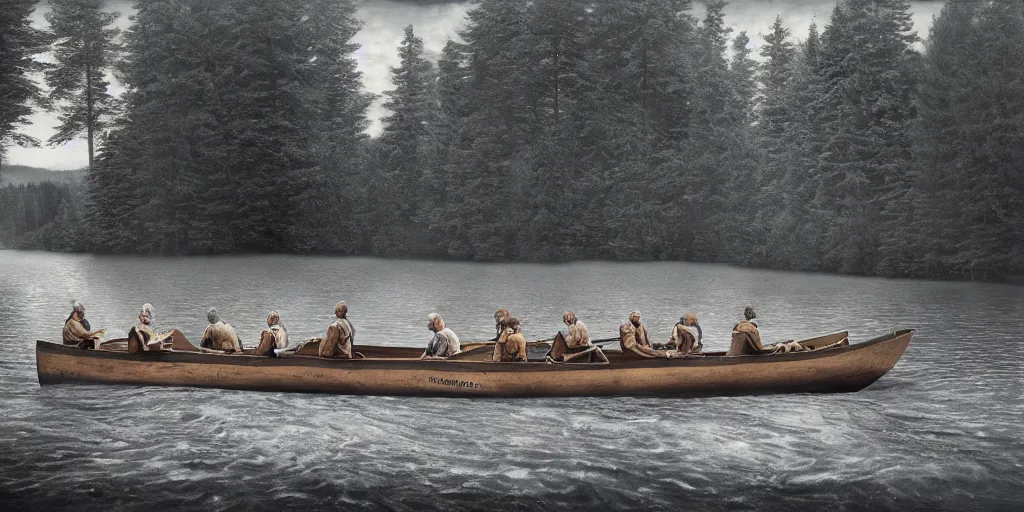 Prompt: A rustic lifeboat with oarsmen in turbulent see, by Gregory Crewdson