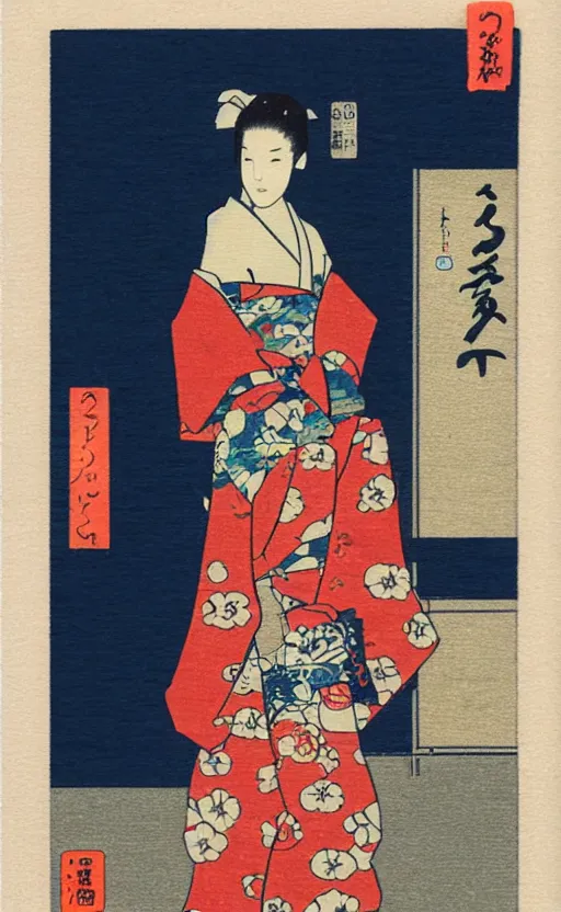 Image similar to by akio watanabe, manga art, female artist walking in kyoto street, kimono, trading card front