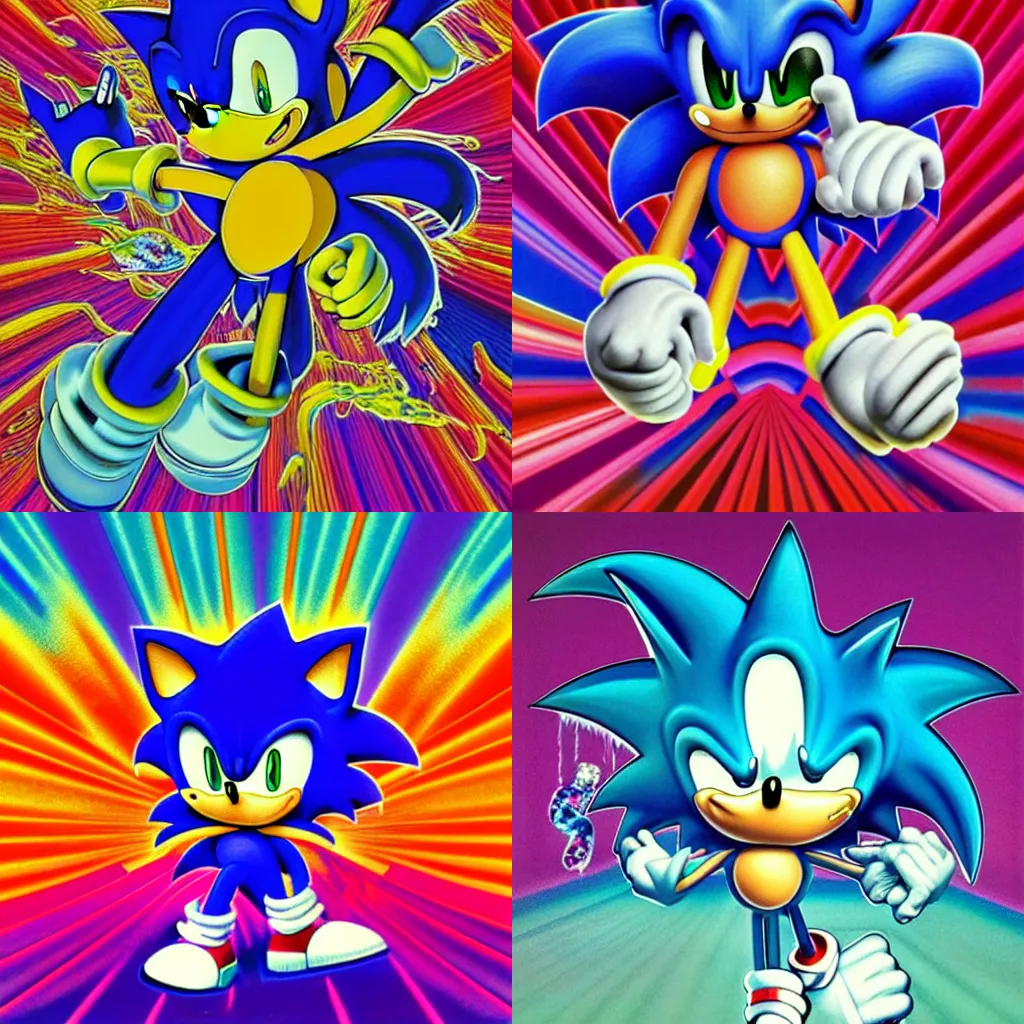 Prompt: surreal, dissolving, dripping, sharp, detailed professional, high quality airbrush art album cover of 1990s vaporwave LSD techno-spiritualism in the vague shape of classic sonic the hedgehog, blue checkerboard background, 1990s 1992 Sega Genesis box art, Sonic