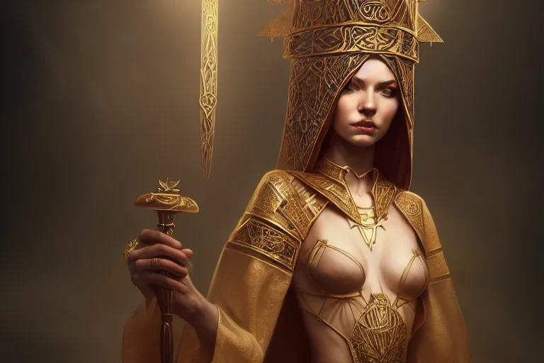 Image similar to Girl Priestess fantasy, robes, ankh symbol, intricate, elegant, highly detailed, digital painting, artstation, concept art, smooth, sharp focus, illustration, art by Ilja Repin, octane render, RPG_portrait