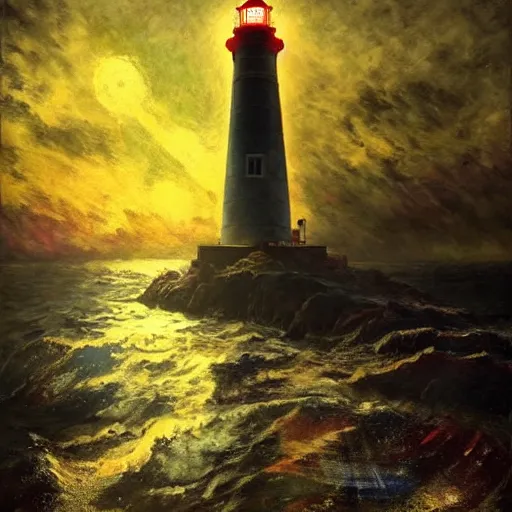 Prompt: The lighthouse from bioshock, extreme detail, vivid lighting, bloom, tasteful drawing, shadows, 8k by Ilya Repin