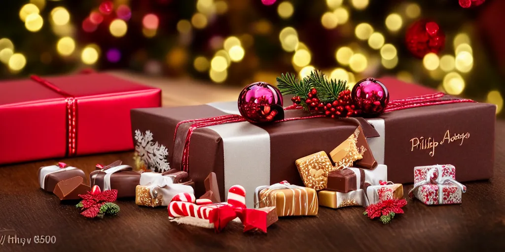 Prompt: 5 5 mm photo, of freshly gift box with chocolate by phillip ashley on a wooden table in a candy store. dof. bokeh. christmas magical atmosphere. art by greg rutkowski. highly detailed 8 k. intricate. lifelike. soft light. nikon d 8 5 0.