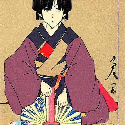 Prompt: anime art, a japanese woman holding a kanabo kneeling for an altar