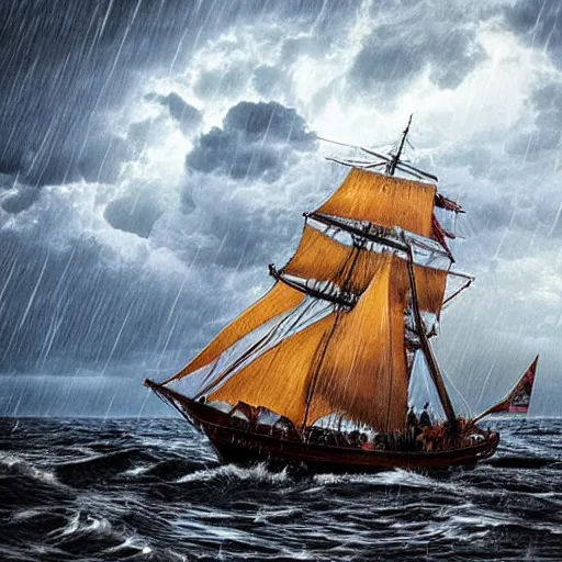 Image similar to A large, very old, wooden ship sailing across the ocean in the middle of a huge rain storm, with lots of dark clouds and lightning, very realistic.