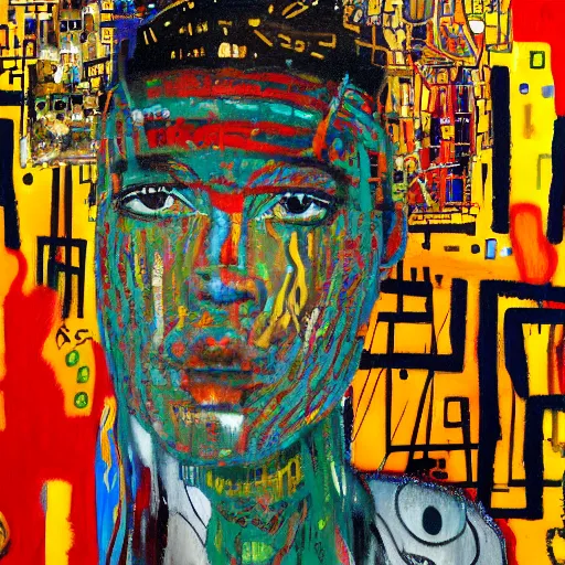 Prompt: artificial intelligence oil painting by klimt and graffiti by Jean-Michel Basquiat