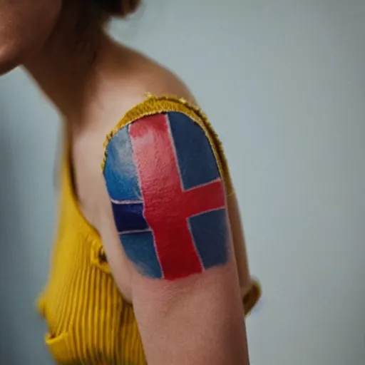 Prompt: a woman with a Swedish flag tattoo on her arm