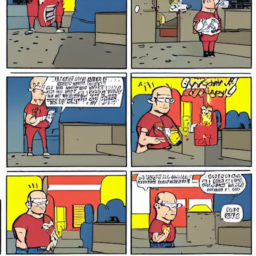 Prompt: comic strip, comic book, hank hill being irresponsible with propane
