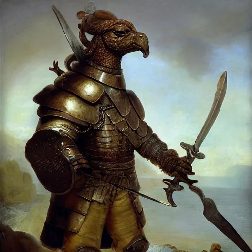 Prompt: anthropomorphic bipedal goose that is wearing full iron plate armor, and holding a colossal sword in his hand, as a matte oil painting and d & d character art, by rembrandt, big turtle shell, standing, fullbody, lots of bubbles, sea foam, saltwater, ocean, award - winning, extremely detailed, sharp focus