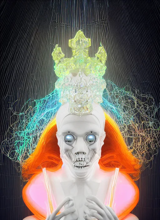 Prompt: photo of baroque and bladerunner delicate neon diamond sculpture of seductive ceramic albino king kit butler dotado creamy orange iridescent humanoid deity wearing white fluffy hoody holding diamond skull in a black metallic dungeon, reclining, glowing rainbow face, crown of white diamonds, cinematic lighting, photorealistic, octane render 8 k depth of field 3 d